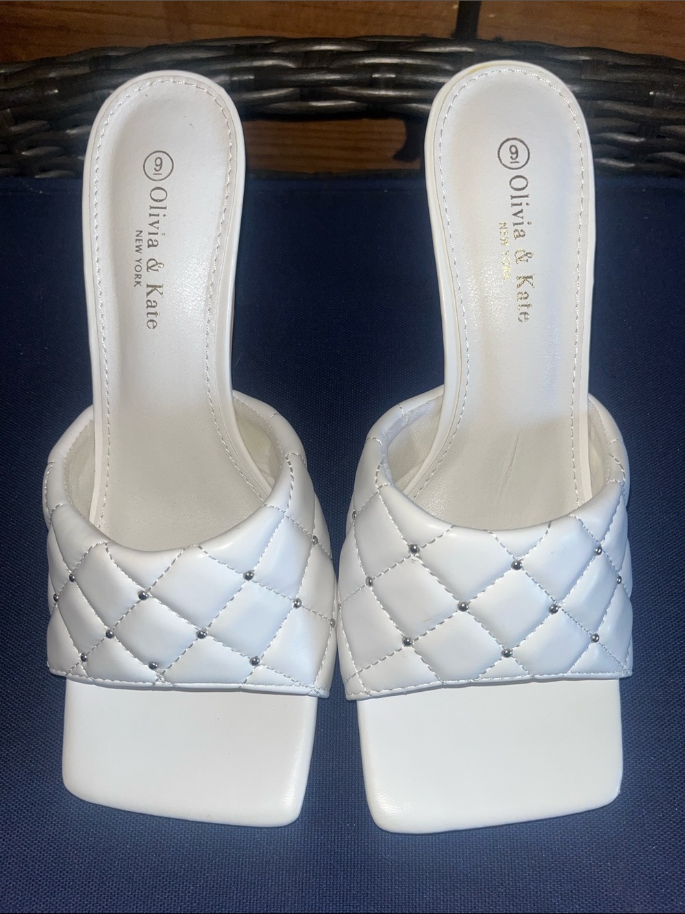 Olivia & Kate White Quilted Slide Heels with Square Toe